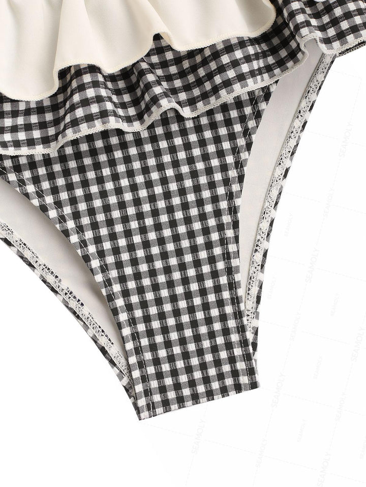 Seamolly Gingham Layered Peplum Halter Triangle Skirtini Bikini Set