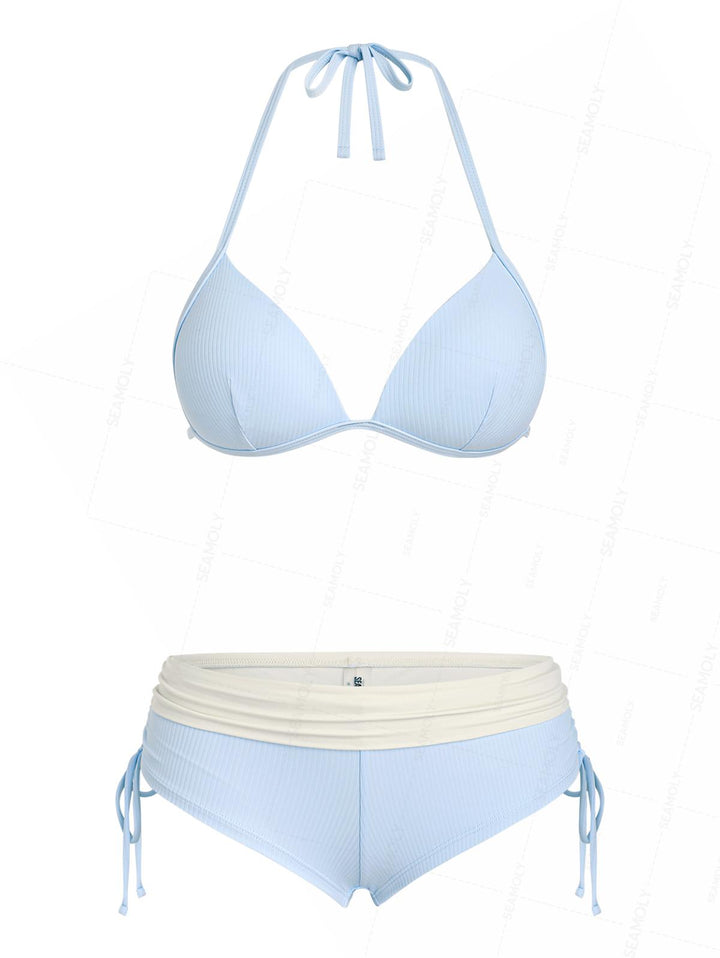 Seamolly Y2K Ribbed Hard Cups Support Cinched Foldover Boyshorts Bikini Set