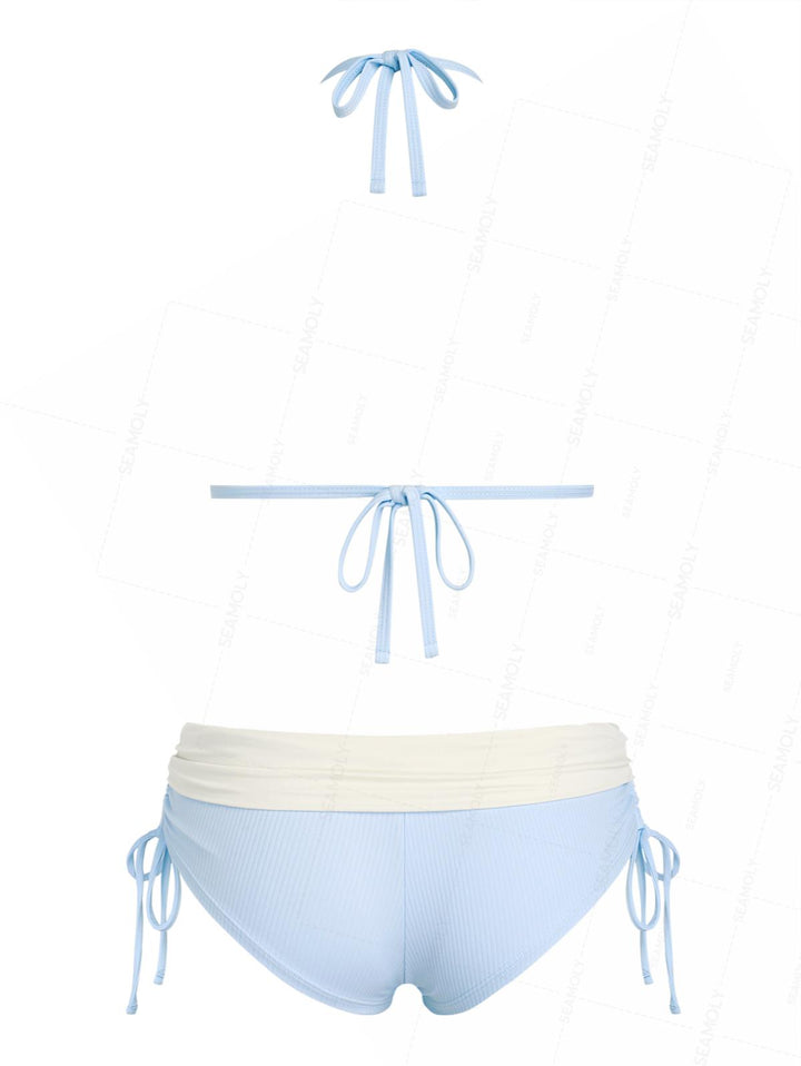 Seamolly Y2K Ribbed Hard Cups Support Cinched Foldover Boyshorts Bikini Set