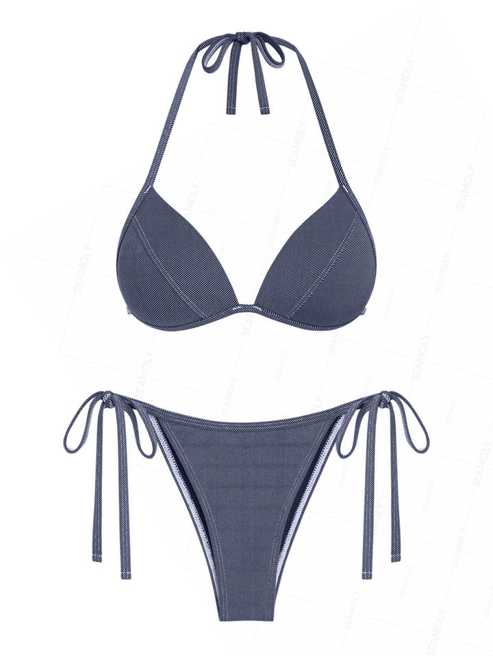 Seamolly Vintage Denim Support Halter Triangle String Bikini Set