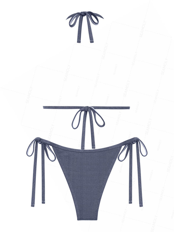 Seamolly Vintage Denim Support Halter Triangle String Bikini Set