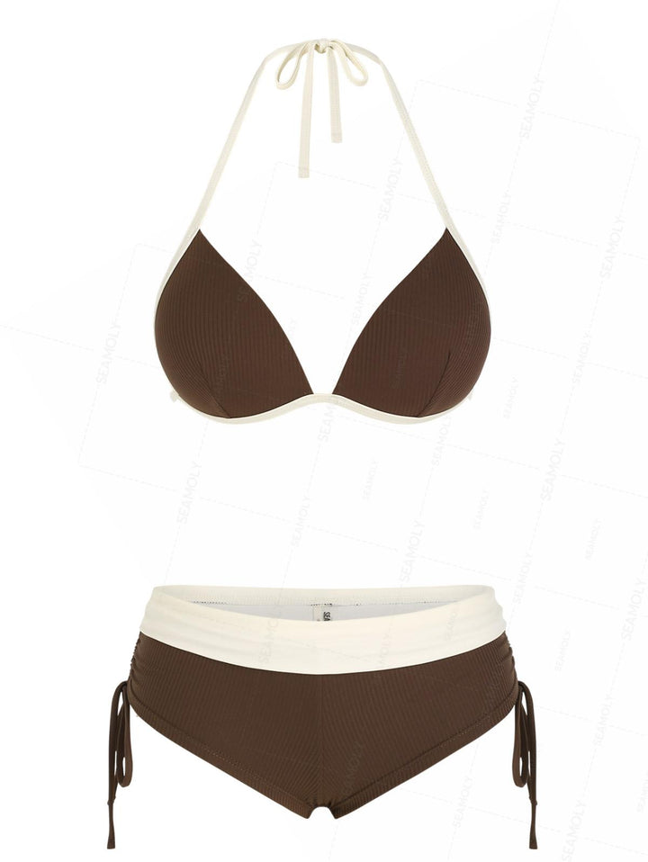 Seamolly Y2K Ribbed Molded Cups Support Cinched Foldover Boyshorts Bikini Set