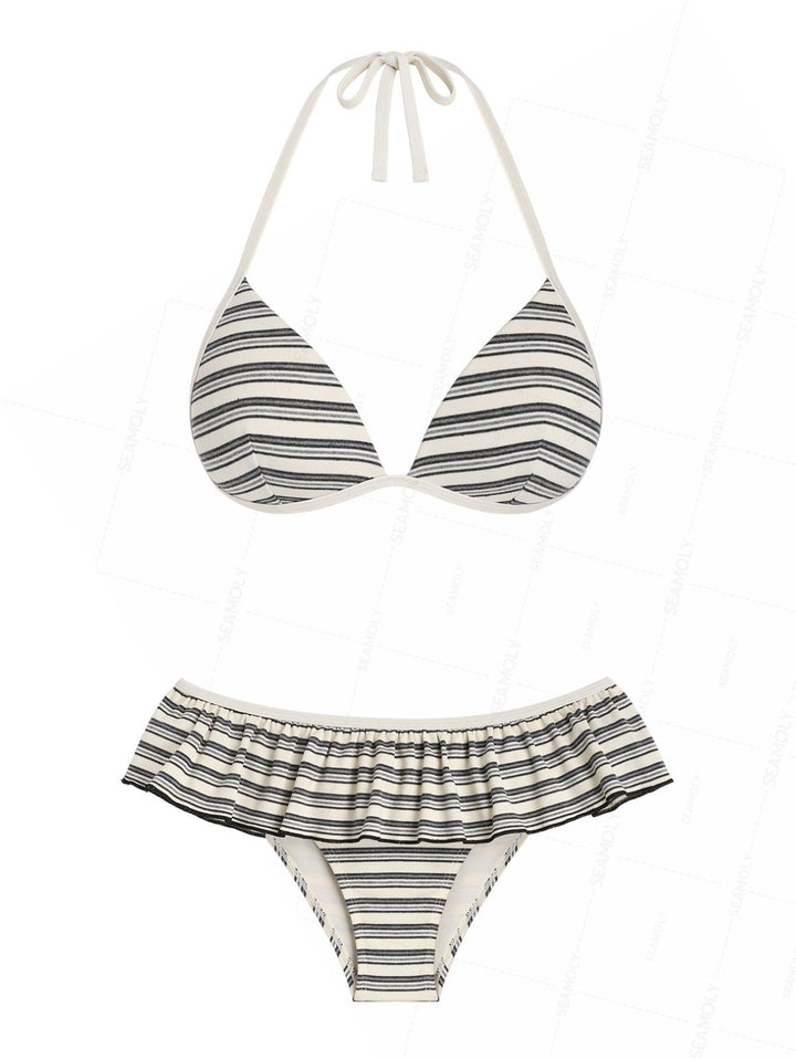 Seamolly Ribbed Knit Striped Molded Cups Support Peplum Skirtini Bikini Set