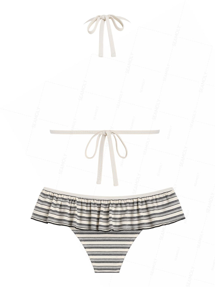 Seamolly Ribbed Knit Striped Molded Cups Support Peplum Skirtini Bikini Set