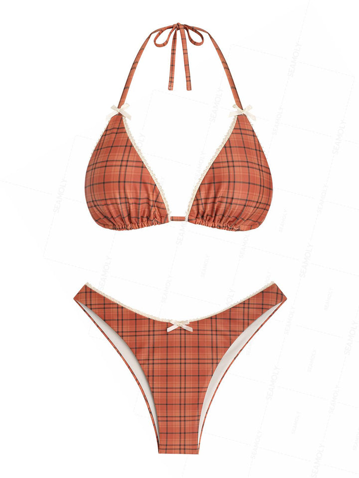 Seamolly Vintage Plaid Lace Bowknot Cheeky Bikini Set