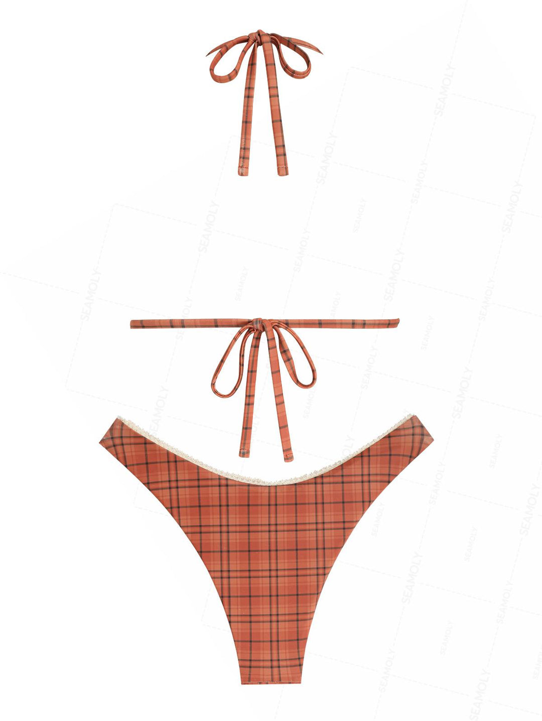 Seamolly Vintage Plaid Lace Bowknot Cheeky Bikini Set