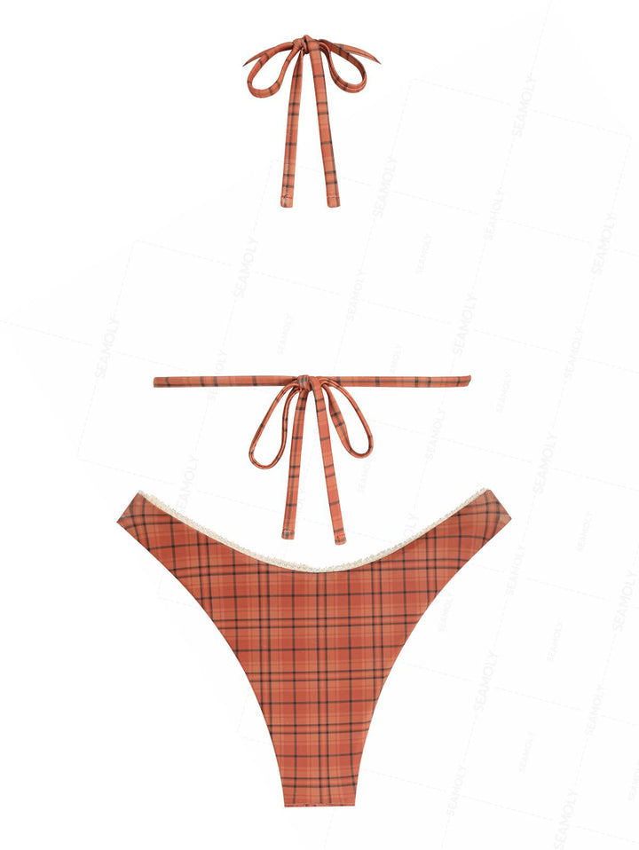 Seamolly Vintage Plaid Lace Bowknot Cheeky Bikini Set