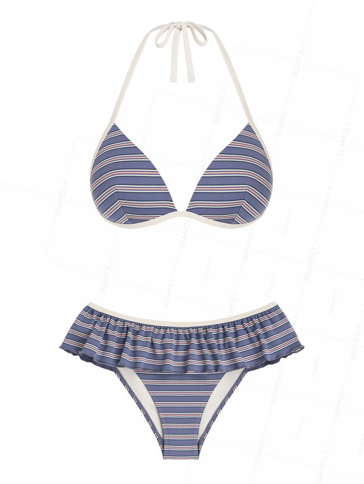 Seamolly Ribbed Knit Striped Molded Cups Support Peplum Skirtini Bikini Set