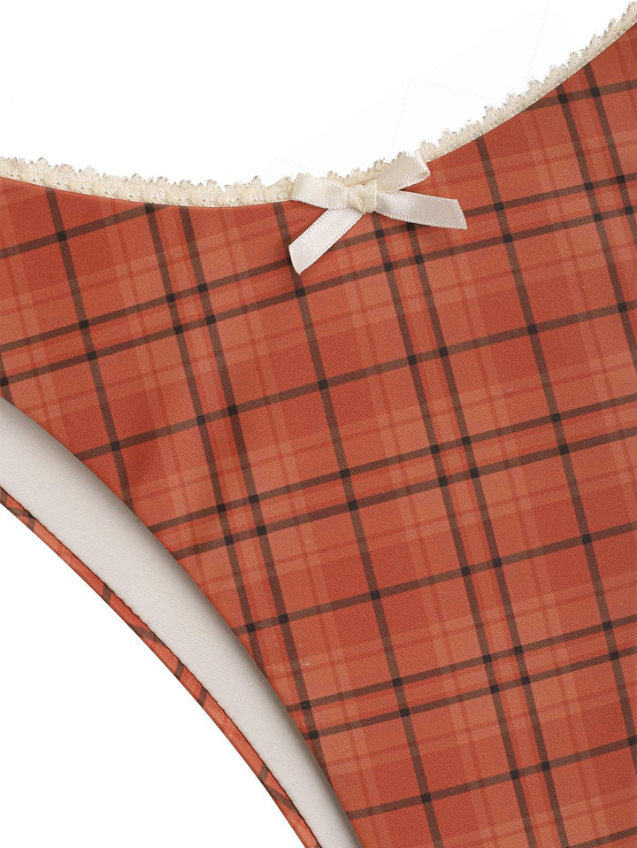 Seamolly Vintage Plaid Lace Bowknot Cheeky Bikini Set