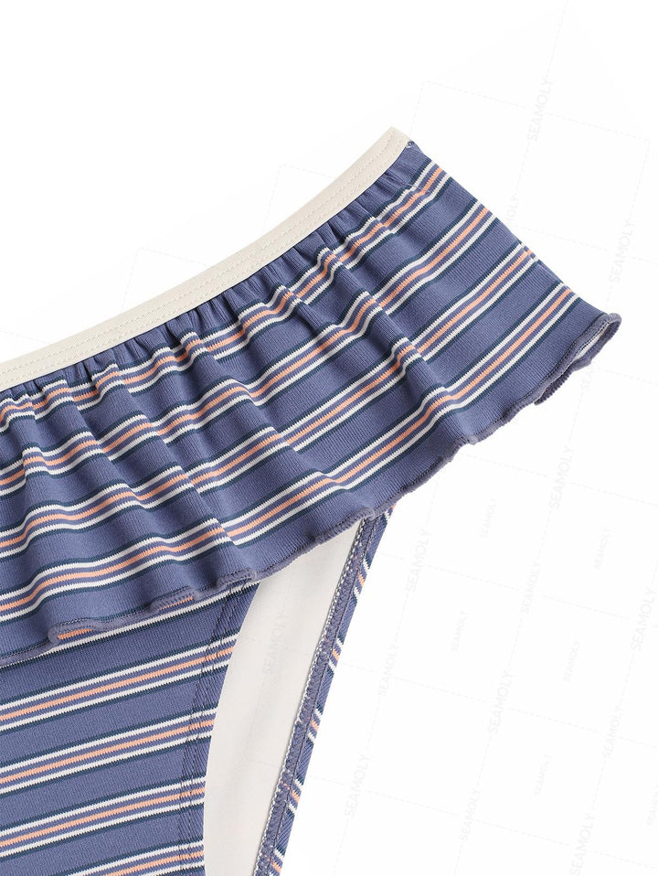 Seamolly Ribbed Knit Striped Molded Cups Support Peplum Skirtini Bikini Set