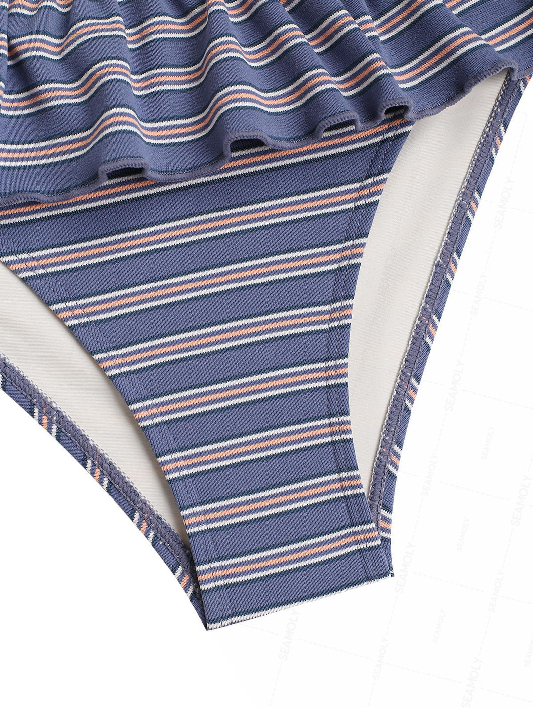 Seamolly Ribbed Knit Striped Molded Cups Support Peplum Skirtini Bikini Set
