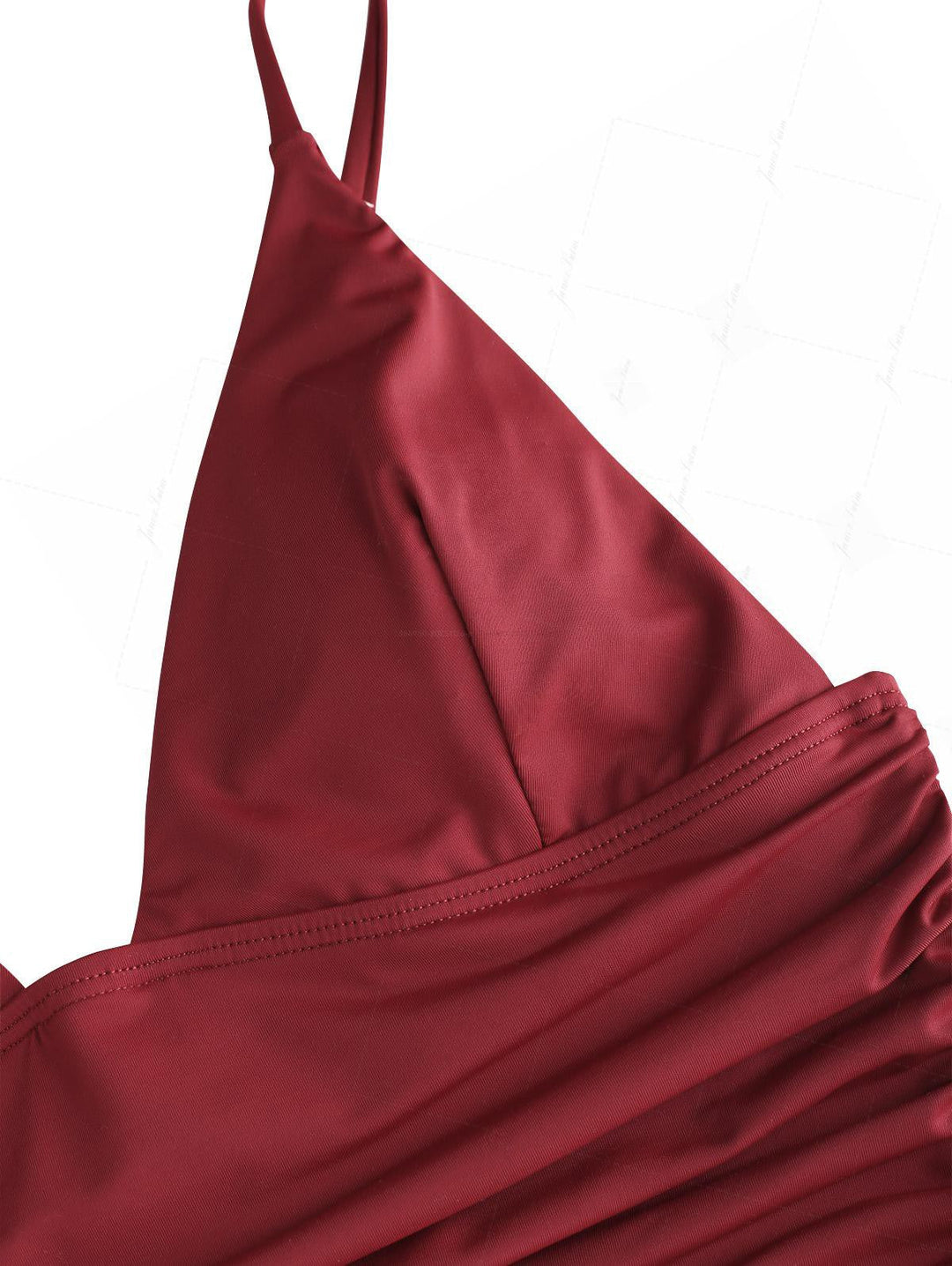 Red Wine Solid Color Ruched Plunging Neck Cinched Cheeky Boyshorts Tankini Set