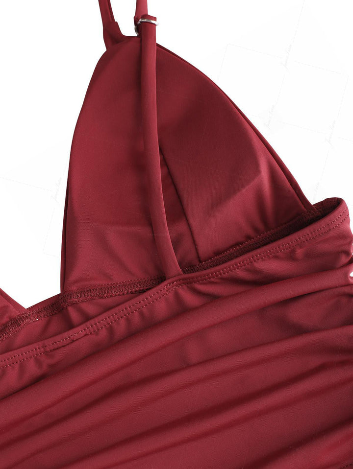 Red Wine Solid Color Ruched Plunging Neck Cinched Cheeky Boyshorts Tankini Set