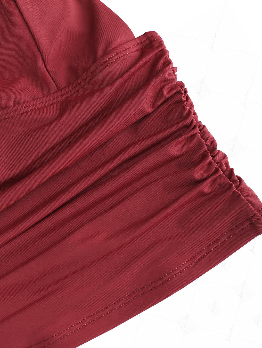 Red Wine Solid Color Ruched Plunging Neck Cinched Cheeky Boyshorts Tankini Set