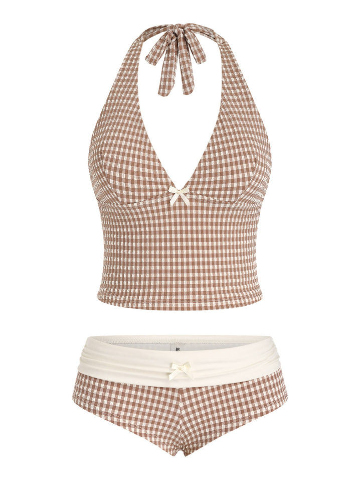Seamolly 1950s Pin-Up Retro Vintage Gingham Halter Tank Top & Ruched Boyshorts Bottom Tankini Set