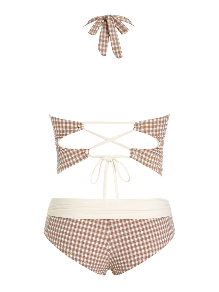 Seamolly 1950s Pin-Up Retro Vintage Gingham Halter Tank Top & Ruched Boyshorts Bottom Tankini Set