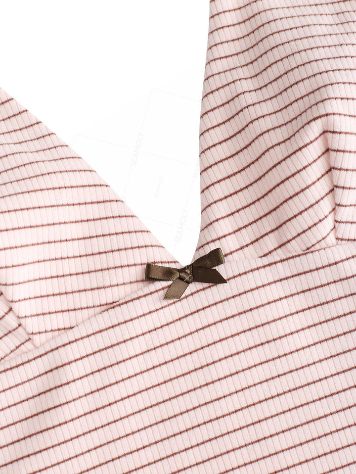 Seamolly Striped Bowknot Plunging Neck Halter Tie Side Tankini Set