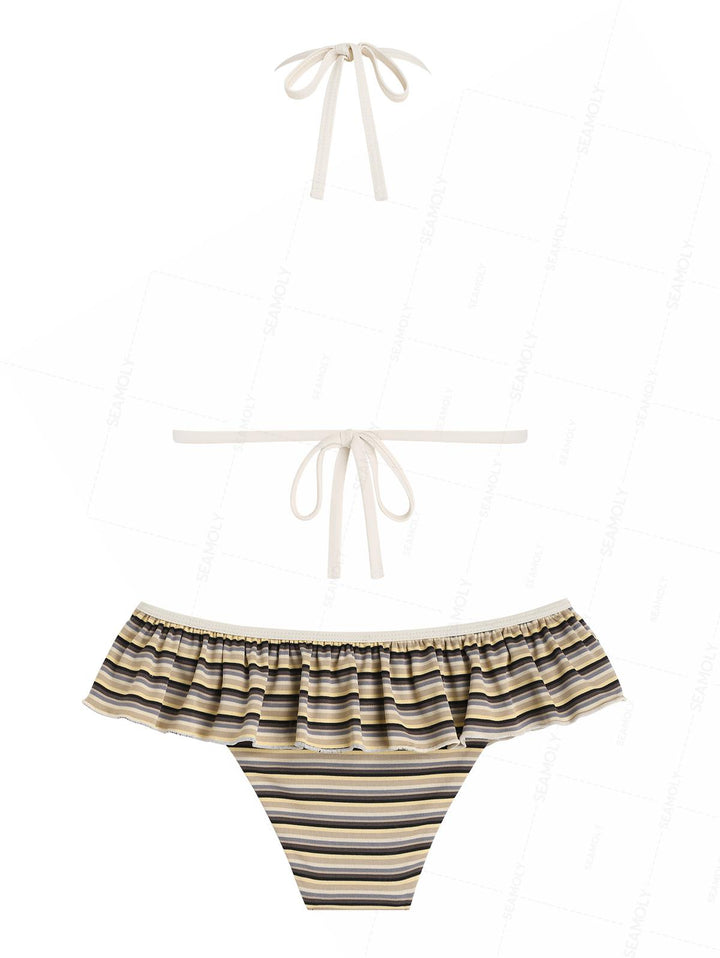 Seamolly Striped Peplum Halter Triangle Skirtini Bikini Set