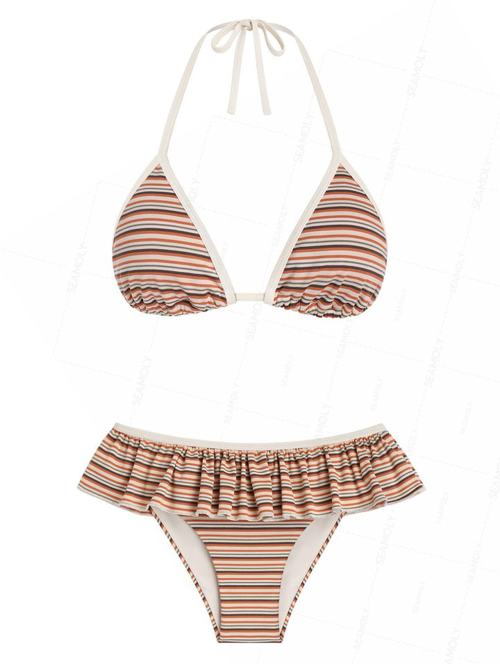 Seamolly 3 Piece Striped Triangle Top & Skirted Bottom & Cheeky Boyshort Bikini Set