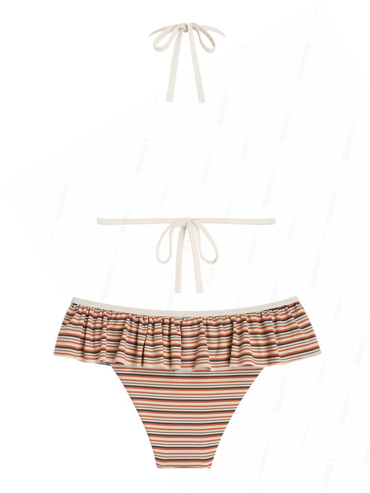 Seamolly 3 Piece Striped Triangle Top & Skirted Bottom & Cheeky Boyshort Bikini Set