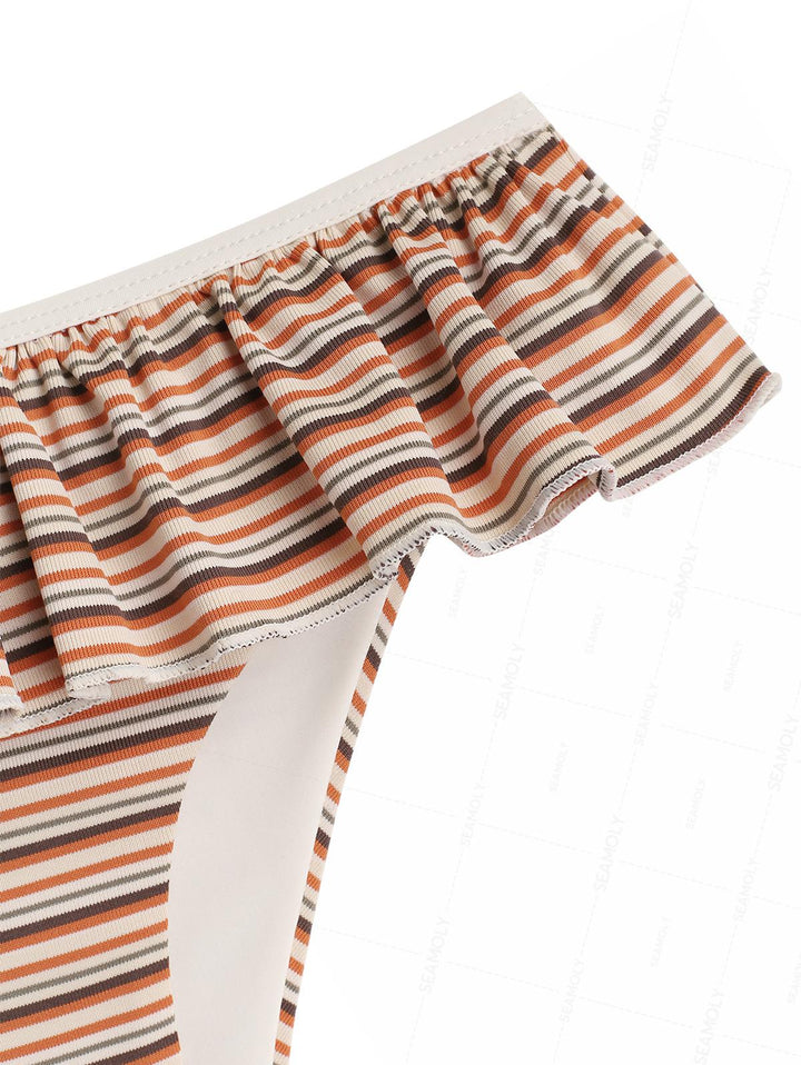 Seamolly 3 Piece Striped Triangle Top & Skirted Bottom & Cheeky Boyshort Bikini Set