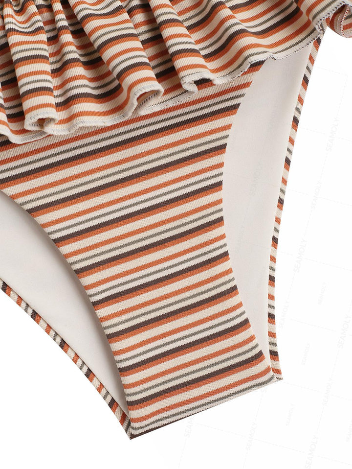 Seamolly 3 Piece Striped Triangle Top & Skirted Bottom & Cheeky Boyshort Bikini Set