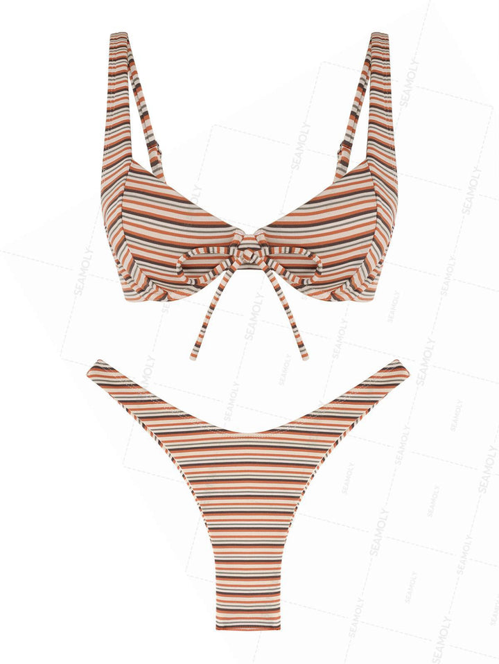 Seamolly Striped Bowknot Underwire High Leg Bikini Set