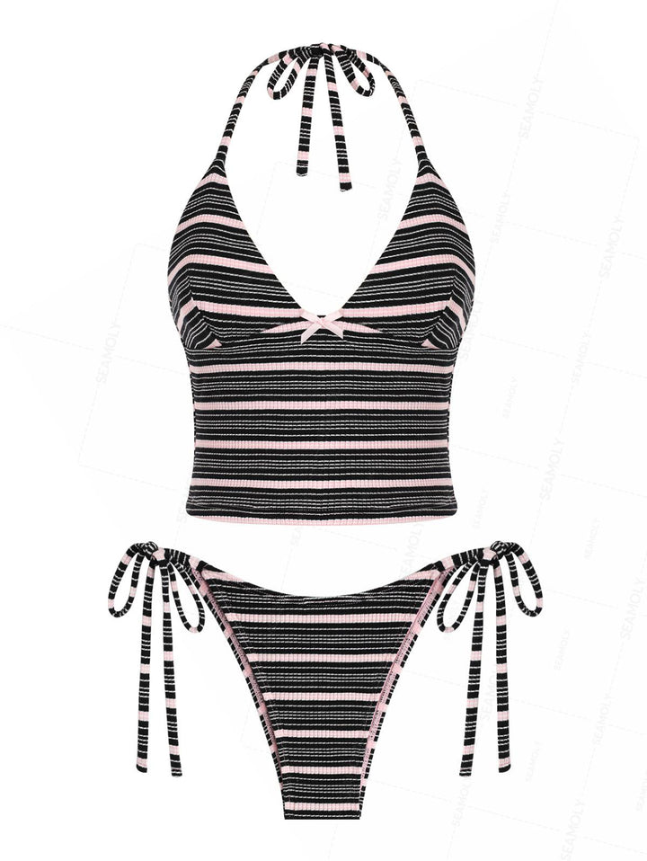 Seamolly Striped Bowknot Plunging Neck Halter Tie Side Tankini Set