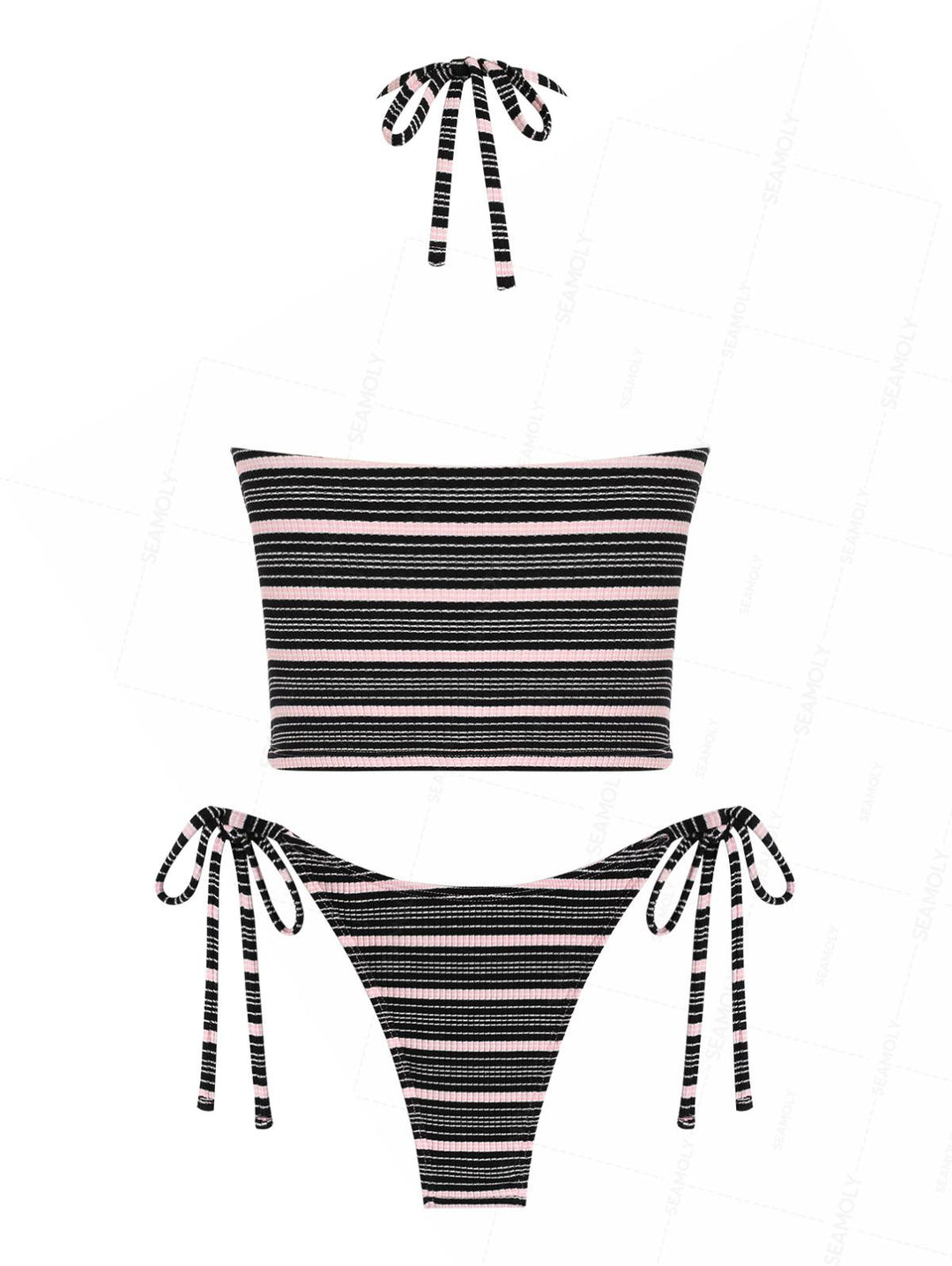 Seamolly Striped Bowknot Plunging Neck Halter Tie Side Tankini Set