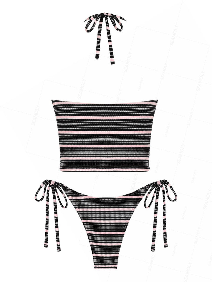 Seamolly Striped Bowknot Plunging Neck Halter Tie Side Tankini Set