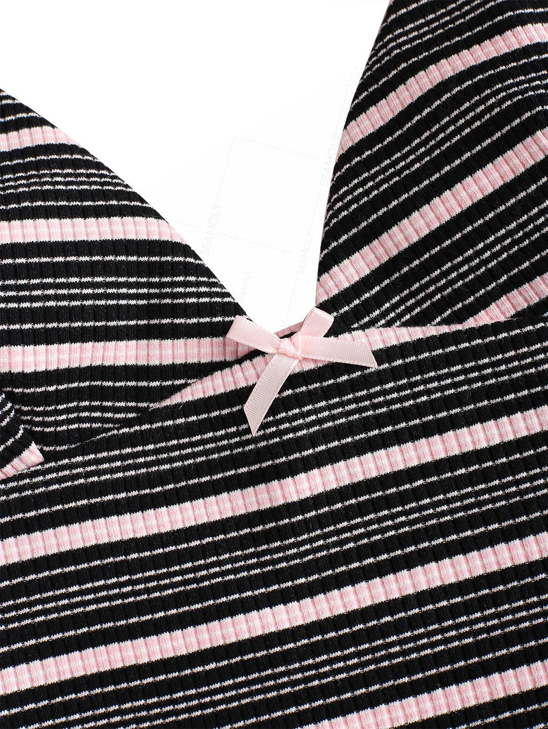 Seamolly Striped Bowknot Plunging Neck Halter Tie Side Tankini Set