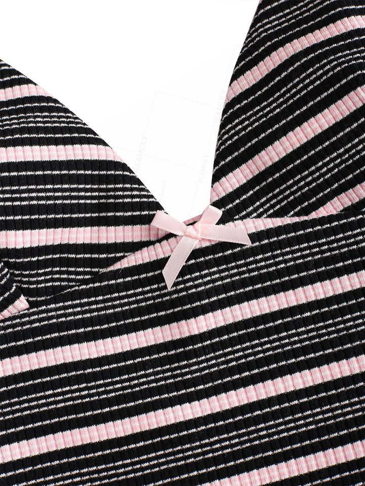 Seamolly Striped Bowknot Plunging Neck Halter Tie Side Tankini Set