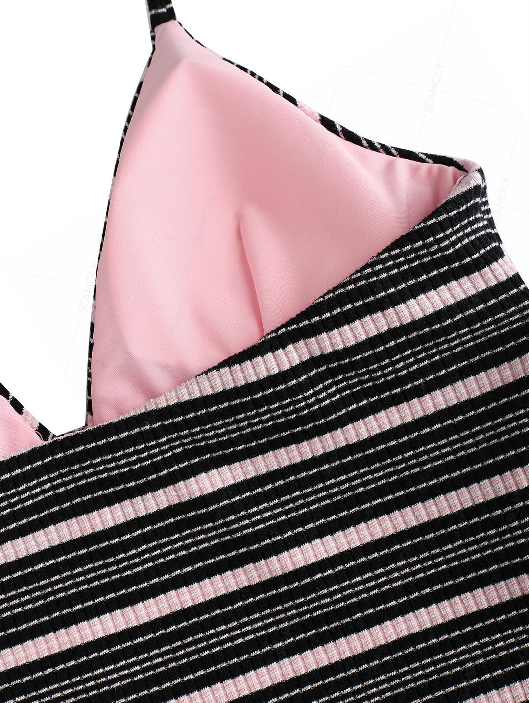 Seamolly Striped Bowknot Plunging Neck Halter Tie Side Tankini Set