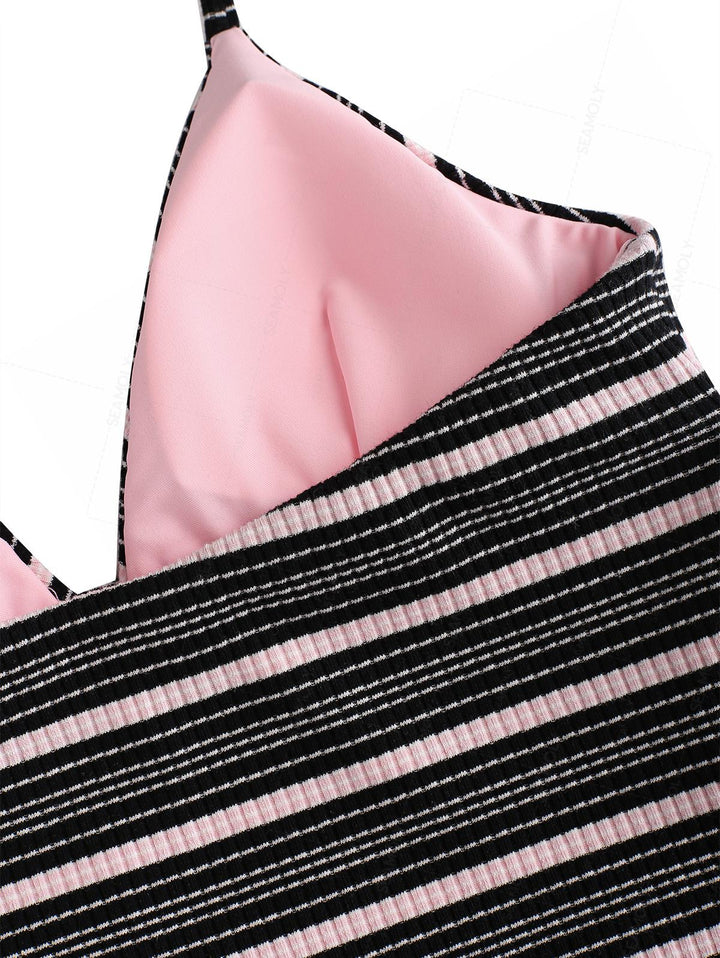 Seamolly Striped Bowknot Plunging Neck Halter Tie Side Tankini Set