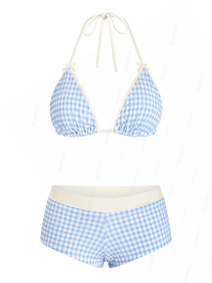 Seamolly Gingham Textured Lace Bowknot Boyshorts Bikini Set