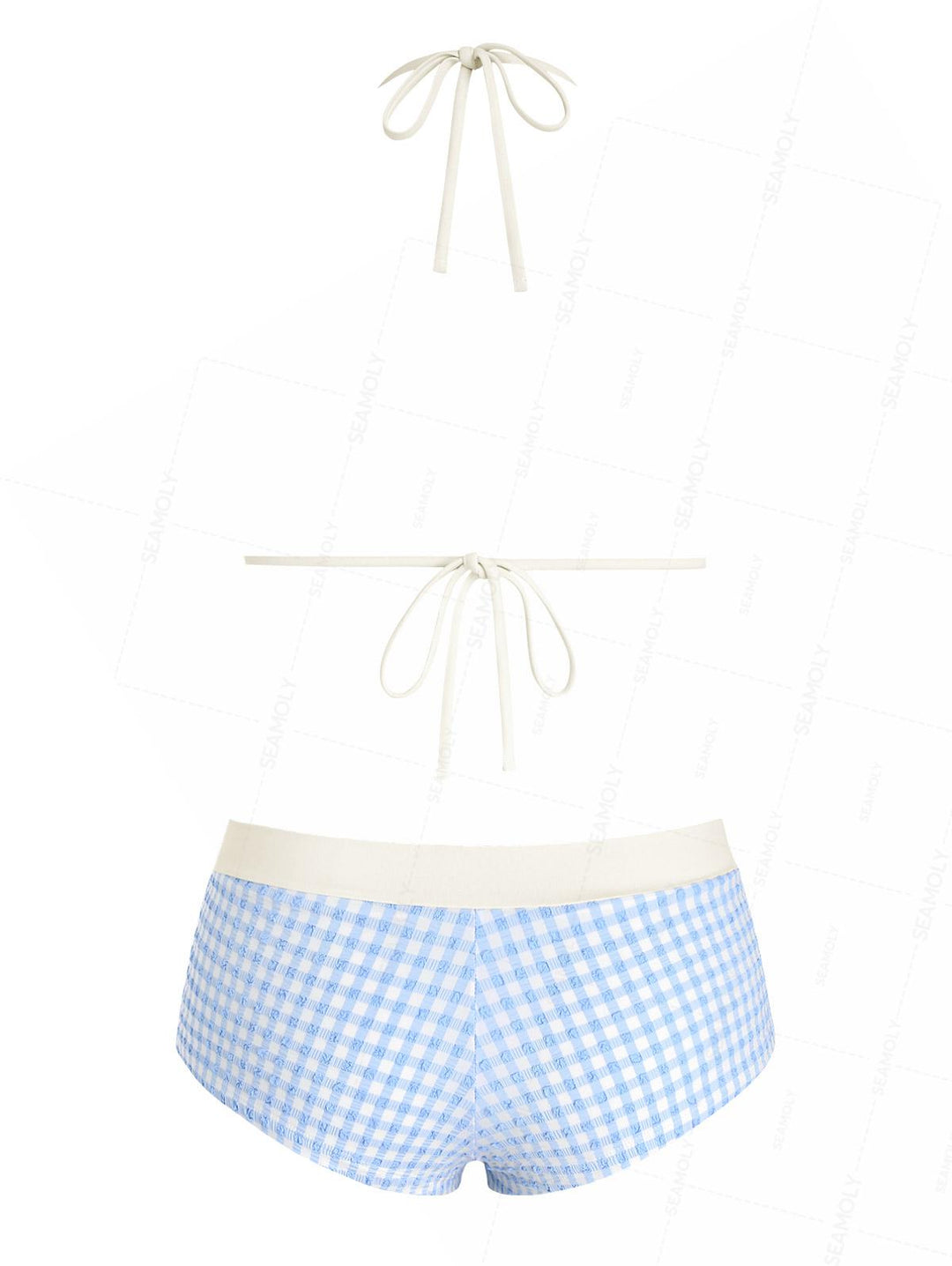 Seamolly Gingham Textured Lace Bowknot Boyshorts Bikini Set