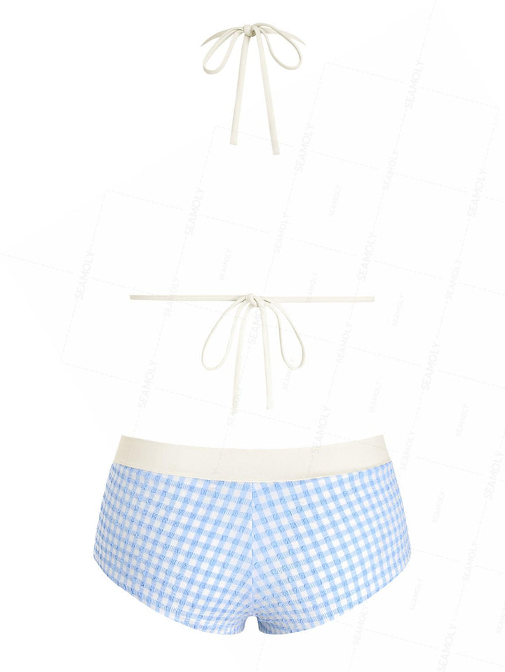 Seamolly Gingham Textured Lace Bowknot Boyshorts Bikini Set