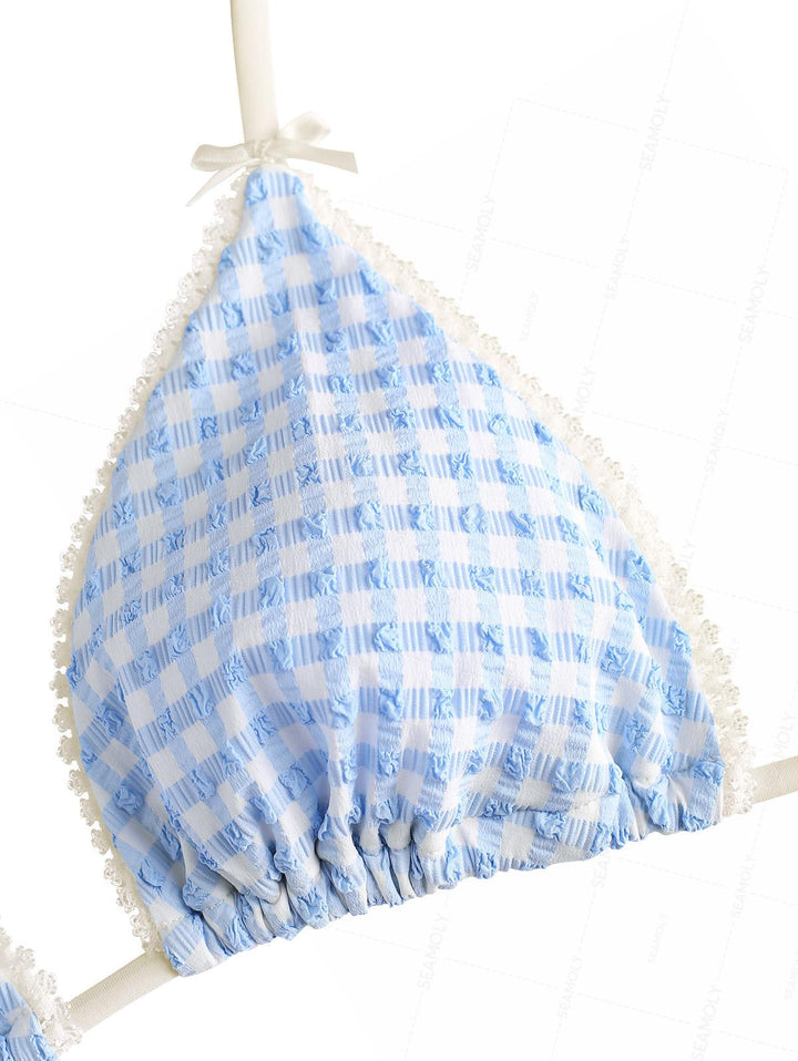 Seamolly Gingham Textured Lace Bowknot Boyshorts Bikini Set