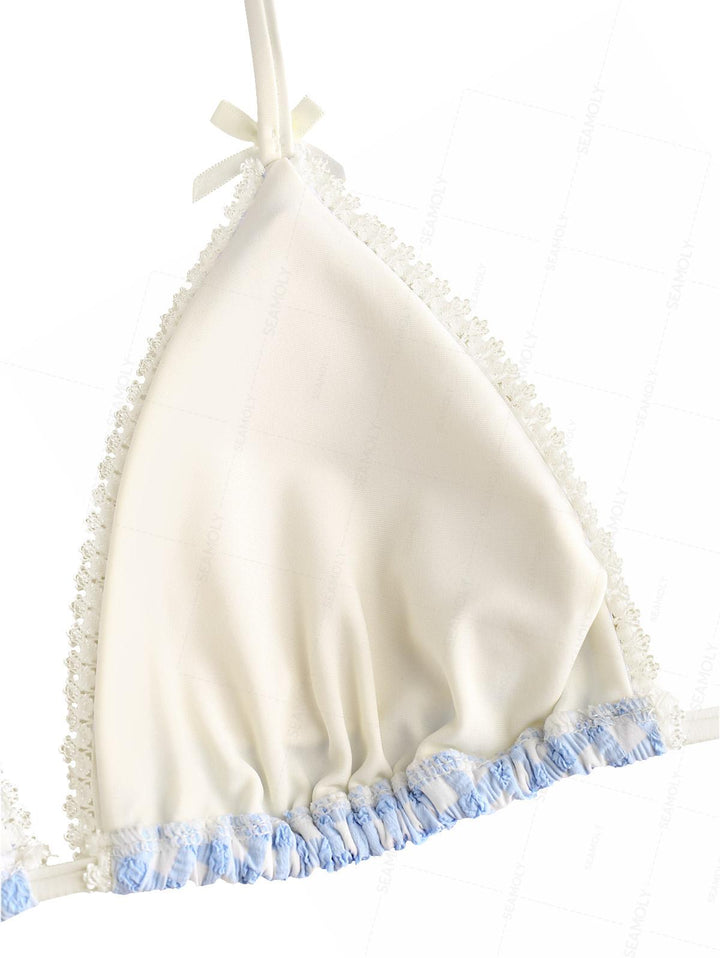 Seamolly Gingham Textured Lace Bowknot Boyshorts Bikini Set