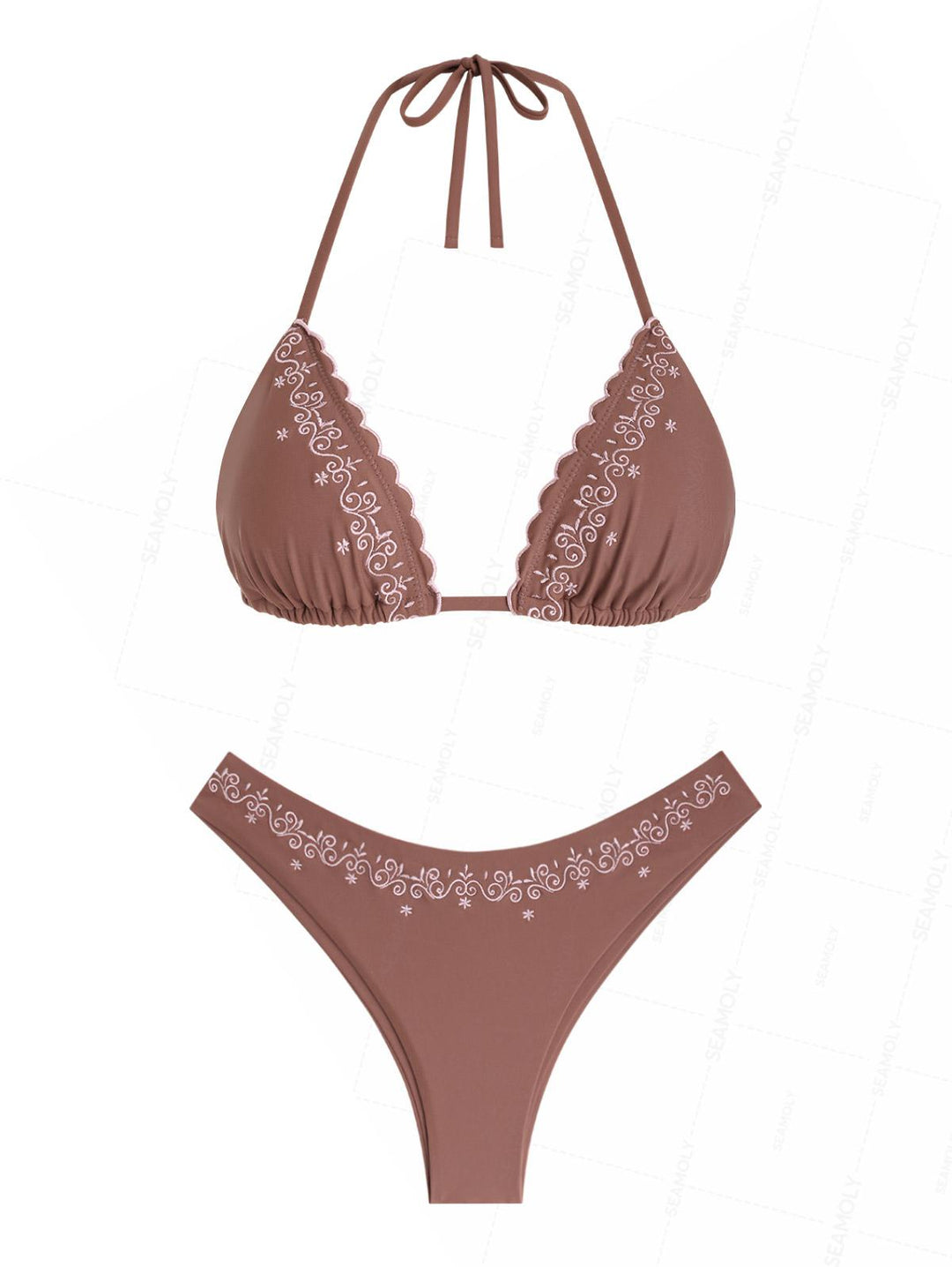 Seamolly Embroidered Scalloped Edge Halter Triangle Bikini Set seamolly-embroidered-scalloped-edge-halter-triangle-bikini-set