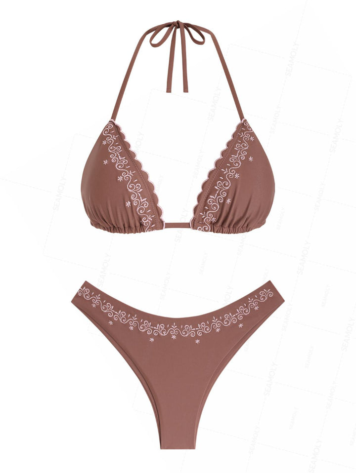 Seamolly Embroidered Scalloped Edge Halter Triangle Bikini Set