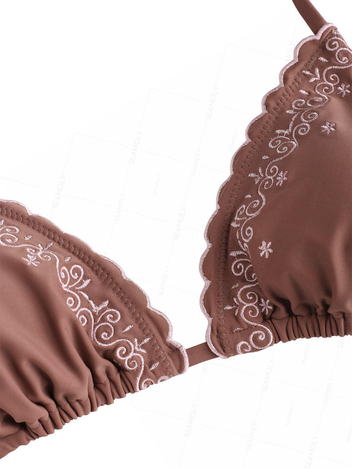 Seamolly Embroidered Scalloped Edge Halter Triangle Bikini Set