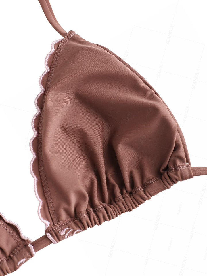 Seamolly Embroidered Scalloped Edge Halter Triangle Bikini Set