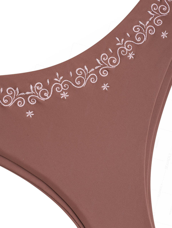 Seamolly Embroidered Scalloped Edge Halter Triangle Bikini Set