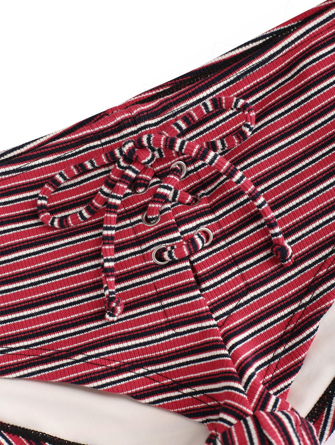 Red Knit Striped Ribbed Grommet Lace Up Bikini Bottom Cheeky Swim Boyshorts