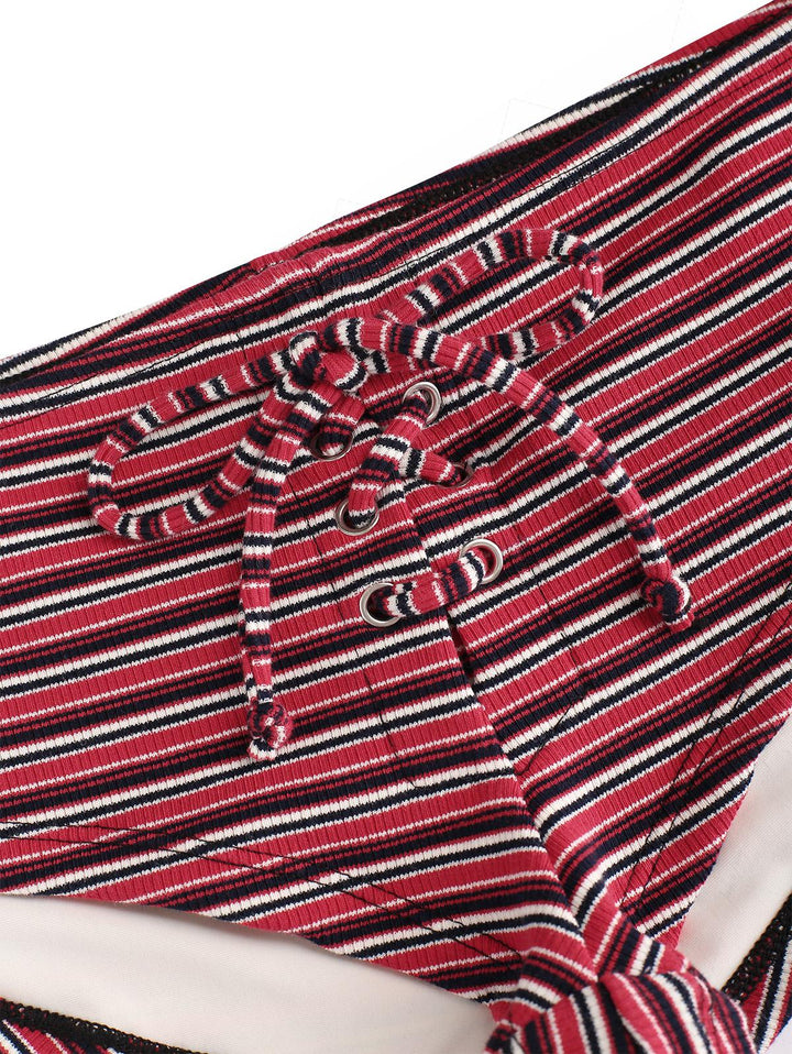 Red Knit Striped Ribbed Grommet Lace Up Bikini Bottom Cheeky Swim Boyshorts