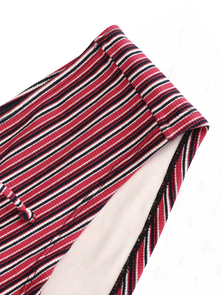 Janex Red Knit Striped Ribbed Halter Push Up Top & Cheeky Boyshorts Tankini Set