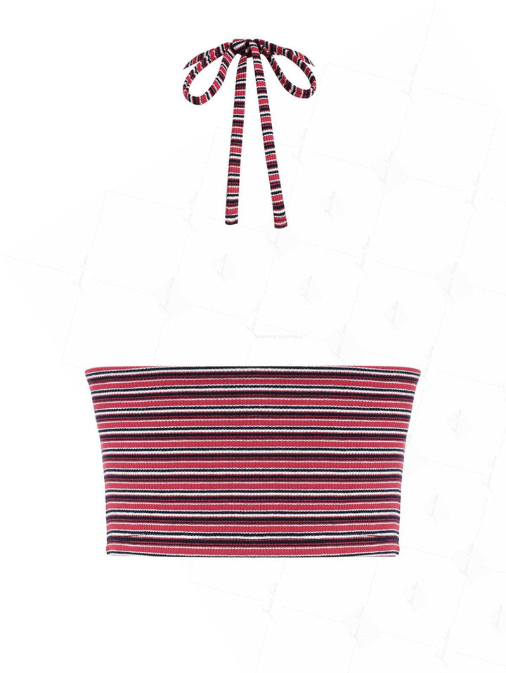 Red Knit Striped Ribbed Molded Cups Support Tankini Top
