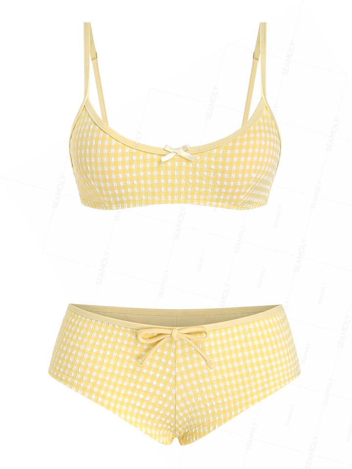 Seamolly Gingham Textured Bowknot Bralette Boyshorts Bikini Set