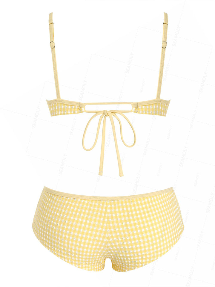 Seamolly Gingham Textured Bowknot Bralette Boyshorts Bikini Set